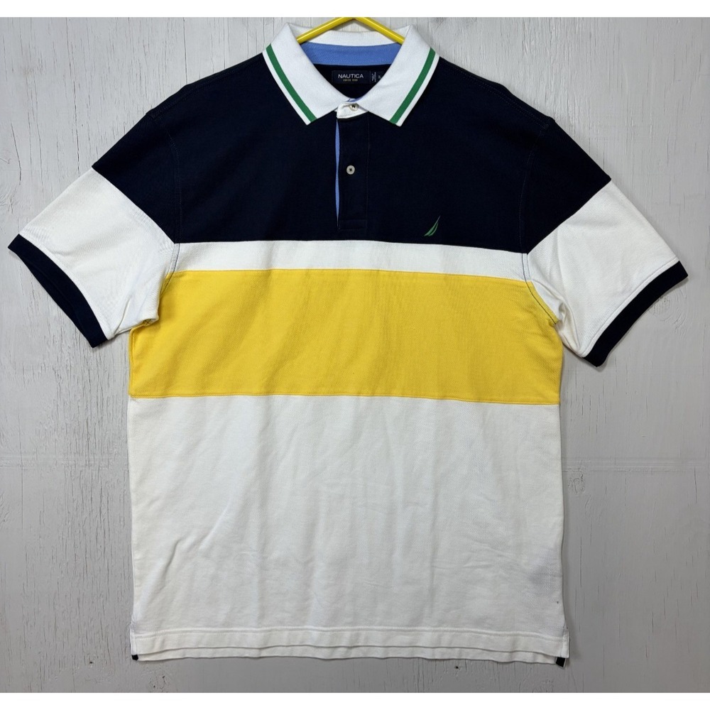 Mens Nautica Rugby Polo Shirt Size XL Cotton Color Block White Black Yellow